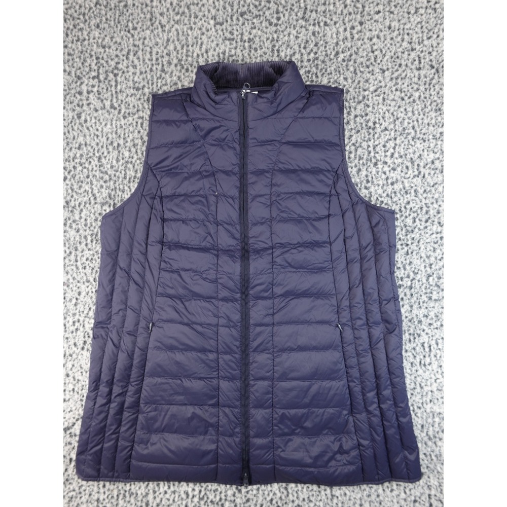 J. Jill Down Puffer Vest Womens Large Navy Blue Corduroy Collar Full Zip Quilted